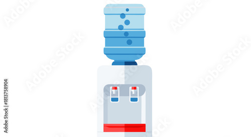 A clean, modern illustration of a white water cooler with a blue bottle on top, featuring hot and cold spigots.