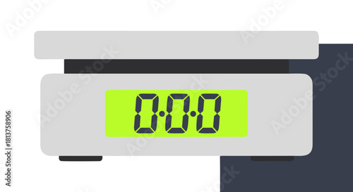 A close-up illustration of a modern digital kitchen scale displaying zero weight on its bright green LCD screen, ready for use.