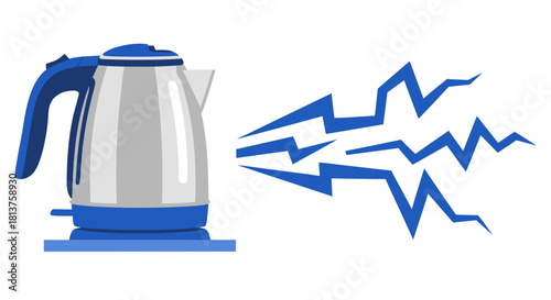 An illustration of a silver and blue electric kettle emitting blue lightning bolt shapes, symbolizing power or heating.