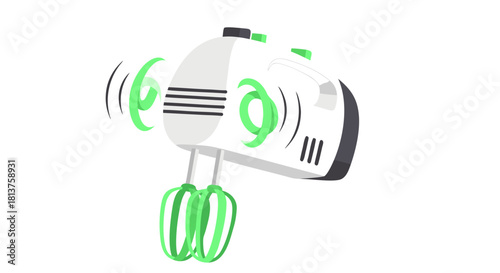 A white and green electric hand mixer with beaters, showing motion.
