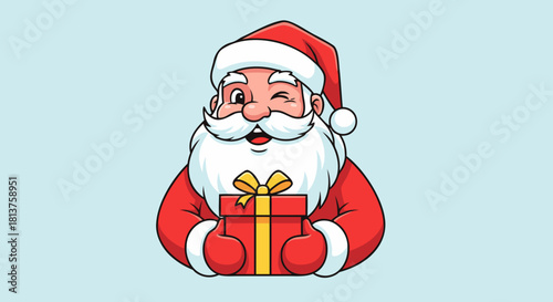 A cheerful cartoon illustration of Santa Claus winking and holding a wrapped Christmas present.