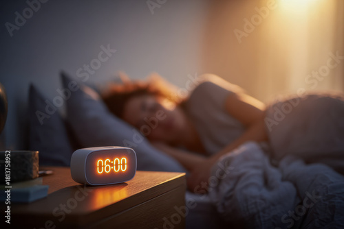 A digital alarm clock glowing at six o'clock on a wooden bedside table while a person peacefully sleeps in a softly lit bedroom during early morning hours
