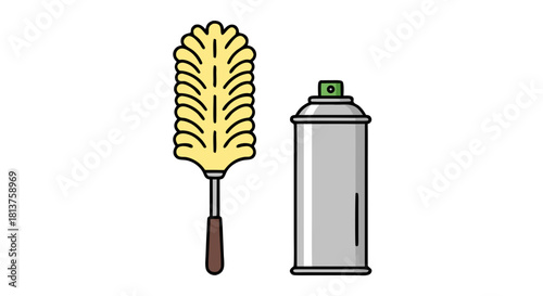 A yellow feather duster with a brown handle next to a silver spray can with a green nozzle.