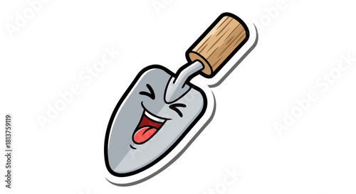 Cute cartoon gardening trowel with a happy laughing face and a wooden handle, depicted as a fun sticker illustration.