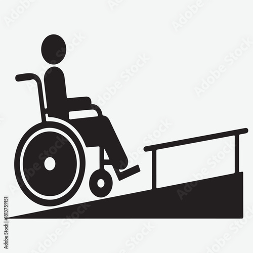 Icon of a person in a wheelchair ascending a ramp with handrails
