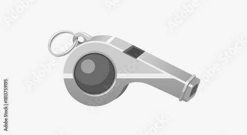 A shiny silver metal whistle with a black mouthpiece and a ring, typically used by referees or coaches for signaling.