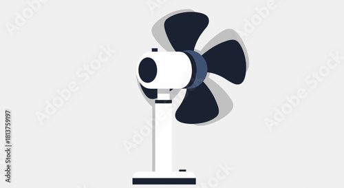 An illustration of a modern electric desk fan with dark blue blades in motion, providing a cooling breeze.
