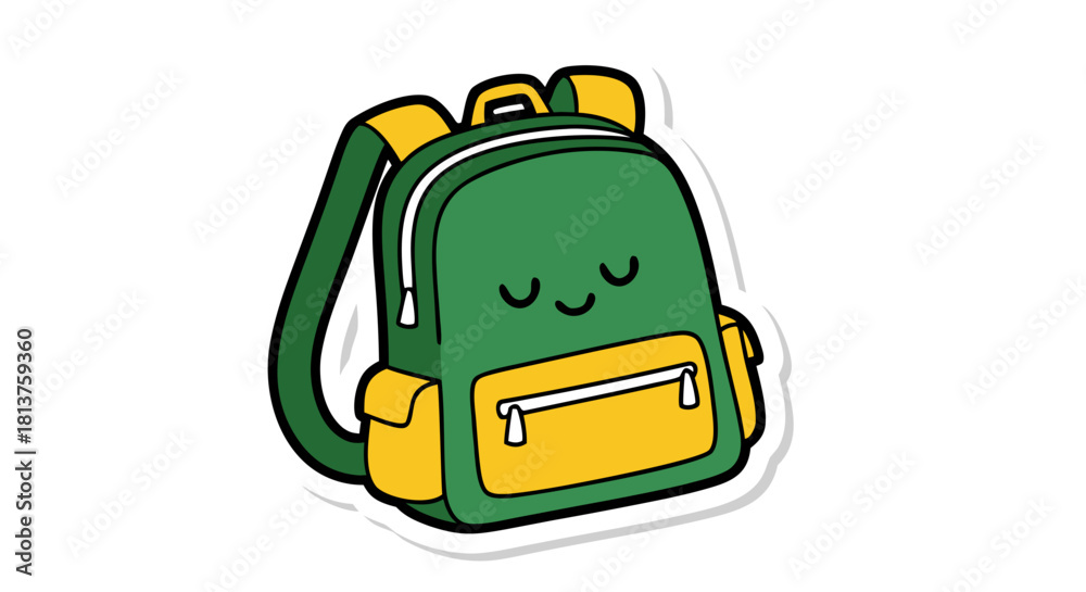 Fototapeta premium A cute green and yellow cartoon backpack sticker with a smiling, happy face isolated on a white background.