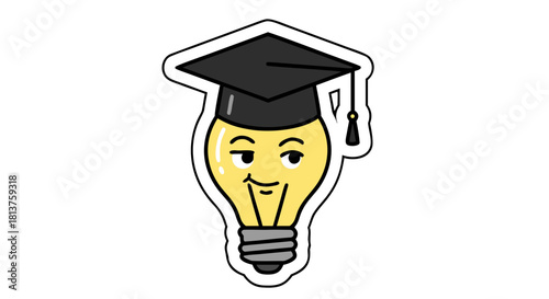 A cartoon lightbulb wearing a graduation cap with a smirking face, representing intelligence and ideas.
