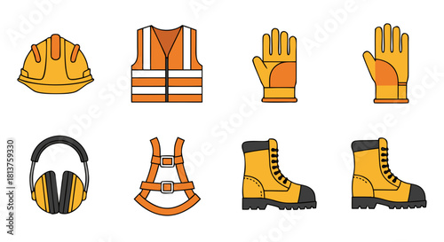 Collection of essential personal protective equipment (PPE) for construction and industrial safety, including hard hat, vest, gloves, ear protection, harness, and work boots.