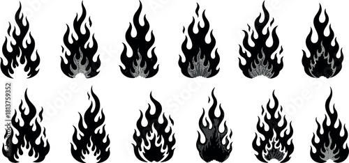 Stylized black flame vector icons set. fire elements collection