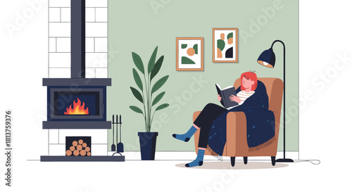 A person relaxing in a cozy armchair by a warm fireplace, reading a book in a comfortable living room.