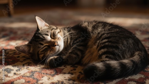 Tabby Cat Sleeping Peacefully on a Patterned Rug in Warm Sunlight.