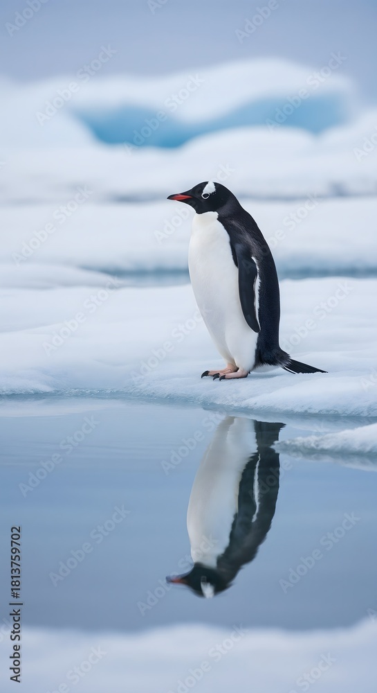 Naklejka premium Gentoo penguin stands on iceberg with reflection in water