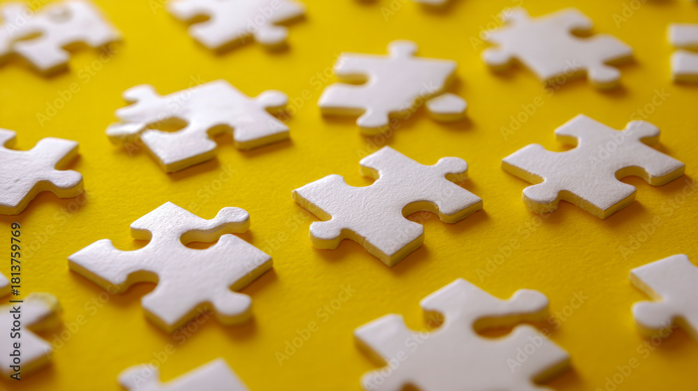 Fototapeta premium White puzzle pieces scattered systematically on a vibrant yellow background creating an abstract and creative pattern for concept or design projects