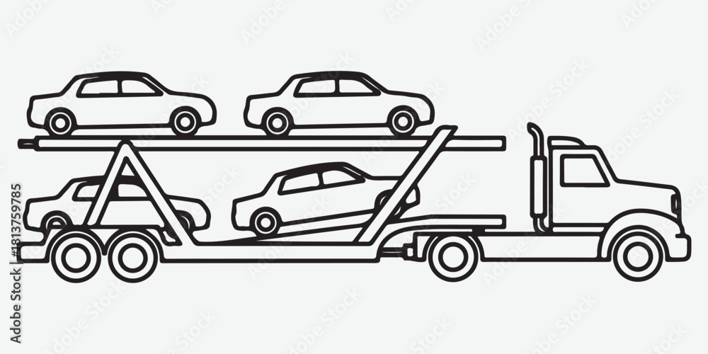 Naklejka premium Line art illustration of a car carrier truck transporting multiple vehicles
