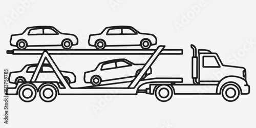 Line art illustration of a car carrier truck transporting multiple vehicles