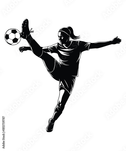 Dynamic silhouette of a female soccer player kicking a ball