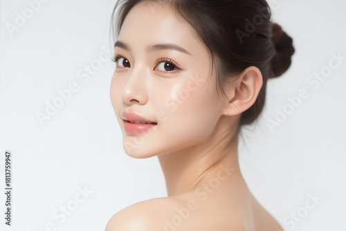 Female Asian Model with Short Hair - Young Beautiful Woman with Hair Bun - Studio Portrait of Asian Beauty for Fashion, Cosmetic, Skincare - Posing on White Background - Smooth Tied Hair