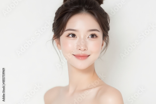 Female Asian Model with Short Hair - Young Beautiful Woman with Hair Bun - Studio Portrait of Asian Beauty for Fashion, Cosmetic, Skincare - Posing on White Background - Smooth Tied Hair
