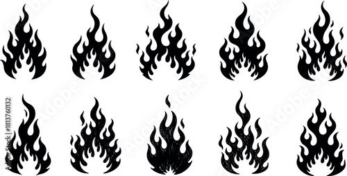 Stylized black fire flame silhouettes collection icon set design