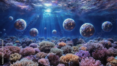 Fototapeta Naklejka Na Ścianę i Meble -  Underwater coral reef with glowing orbs and light rays, a vibrant marine ecosystem.