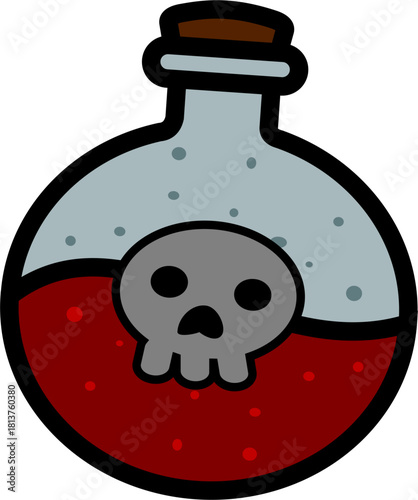 Cartoon poison potion bottle with skull logo, isolated on white for Halloween or danger.