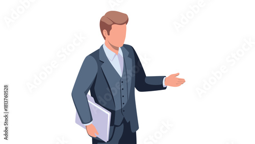 Businessman in Suit Holding Folder and Gesturing. Professional Vector Illustration of Manager Presenting or Welcoming.