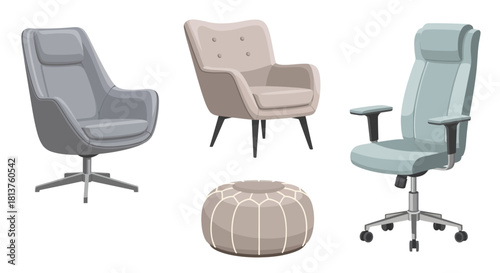 Stylish Assortment of Contemporary Chairs and an Ottoman, Perfect for Modern Interior Design Concepts