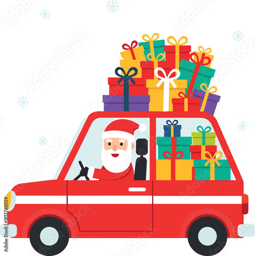 Santa Claus driving red car full of Christmas gifts