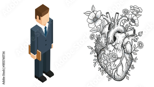 Business Character Isometric Vector and Botanical Anatomical Heart Line Art Engraving Design Elements Collection