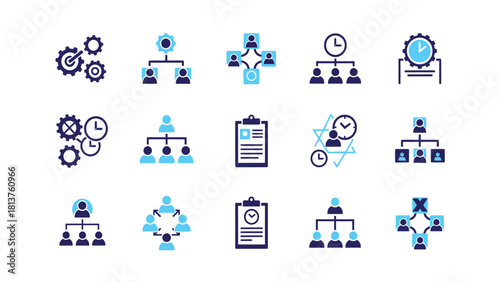 Business Organization and Management Vector Icons Set. Contains symbols for hierarchy, teamwork, process efficiency, task administration, and time management.