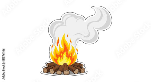 Campfire with smoke and burning logs, illustration of a cozy outdoor fire for camping and warmth
