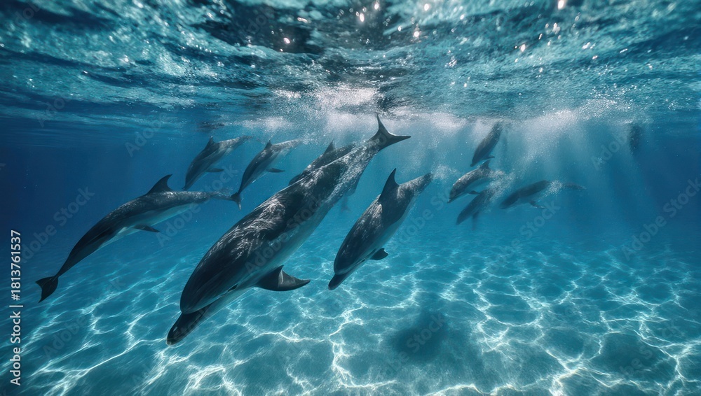 Naklejka premium Underwater Dolphins Swimming Together in the Ocean Sunlight.