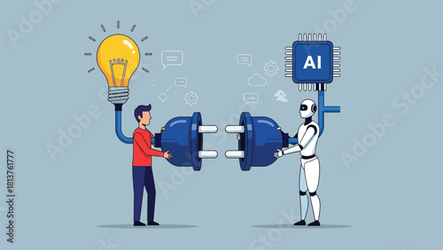 Synergy between Human Creativity and AI Technology. Man connecting lightbulb idea to electric plug, merging power with robot holding artificial intelligence processor chip illustration.