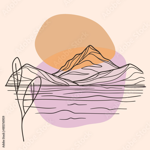 Serene mountain and lake illustration in a minimalist style