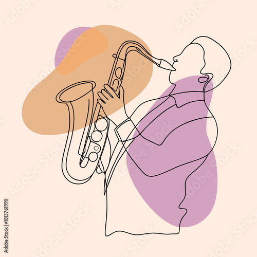 A line art drawing of a musician playing a saxophone