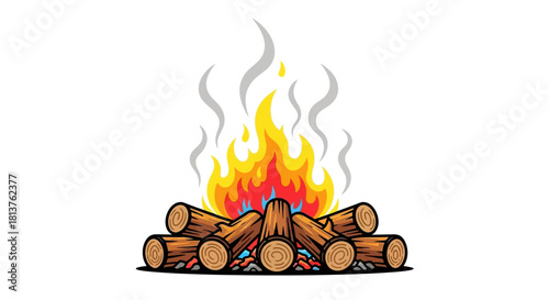 Classic log campfire with roaring flames and billowing smoke, a symbol of outdoor adventure and camping