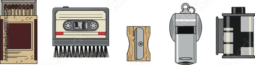 Retro camping essentials arranged on a black background in a flat vector style