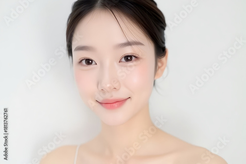 Female Asian Model with Short Hair - Young Beautiful Woman with Hair Bun - Studio Portrait of Asian Beauty for Fashion, Cosmetic, Skincare - Posing on White Background - Smooth Tied Hair