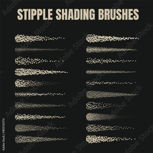Stipple Shading Brushes. Digital brush set featuring dot textures, halftone, and granular effects for illustrations and graphic design. Includes various point densities and sizes