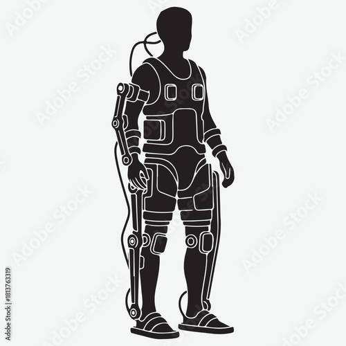 Silhouette of a person wearing a futuristic exoskeleton suit