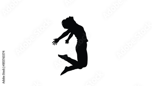 Black Silhouette Vector Illustration of Woman Jumping Happily Mid-Air with Arms Outstretched