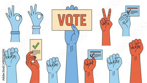 Diverse hands set for voting and protest concepts. Crowd raising hands with VOTE sign, ballot cards, fists, peace signs, and OK gestures. Vector illustration.