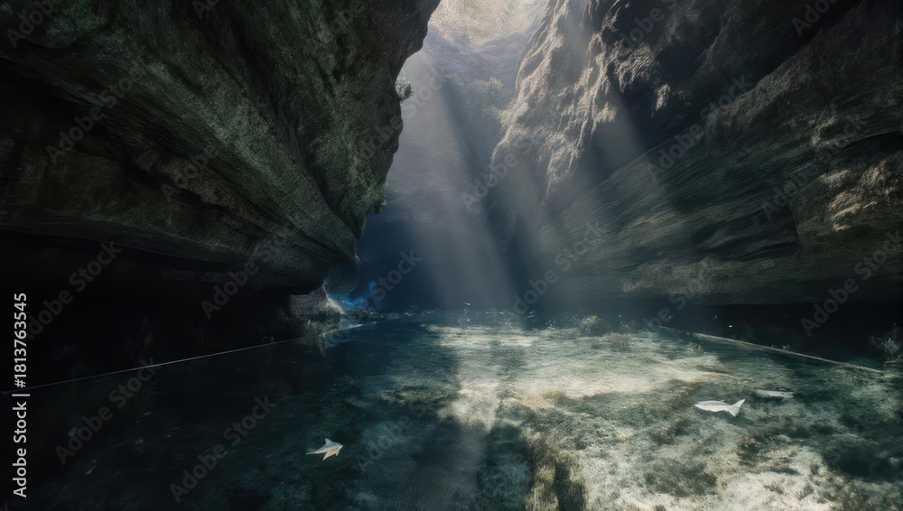 Naklejka premium Sunlit Stream in a Rocky Canyon - A Glimpse of Natural Beauty.