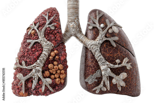 Models of two human lungs; one showing tumors, the other with chronic damage