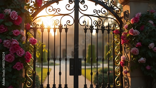 Ornate wrought-iron gate adorned with climbing roses, bathed in golden hour light.