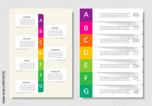 Dual infographic layouts with numbered steps, icons, and placeholder text for business, planning, or presentation purposes. Vector illustration.