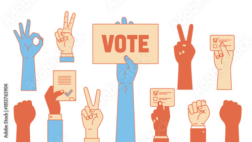 Diverse Hands Raised for Election and Voting: Vector Illustration of Group Showing Ballot Cards, Fists, Peace, and OK Signs for Civic Rights.