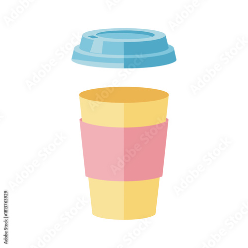 Colorful takeaway coffee cup with a removable lid, cheerful design, flat illustration